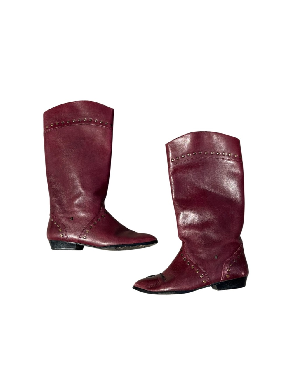 Leather Burgundy Mid-Calf Slouchy Boots Studded Boho